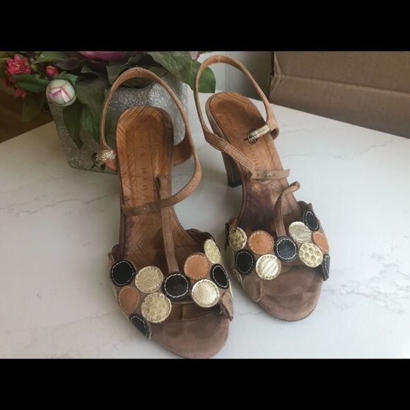 Chie Mihara Suede & Leather Vintage Peep-Toe Heels Size 7 Tan, Golden& Black - Picture 2 of 6